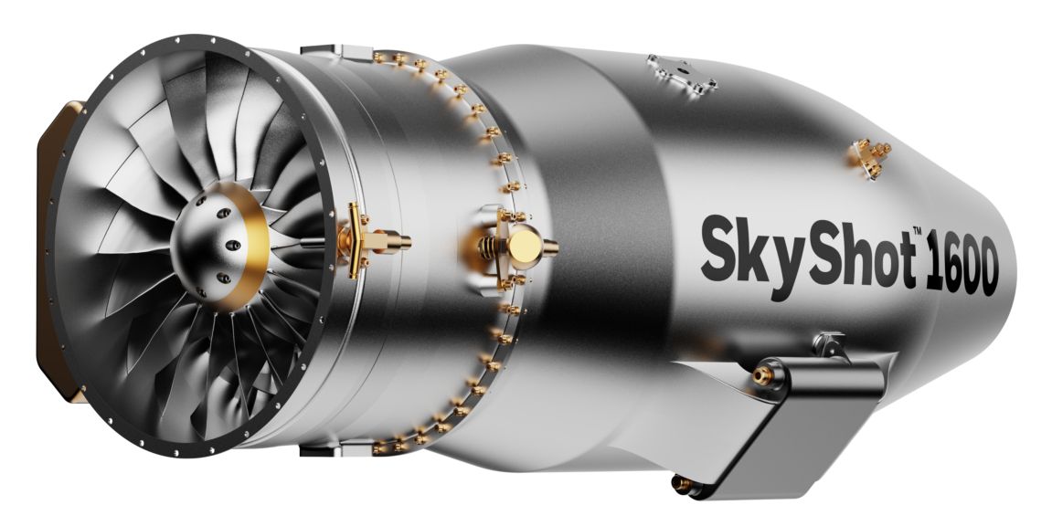 Another angle of the gray / metallic skyshot 1600 turbofan engine with gold / yellow accents.