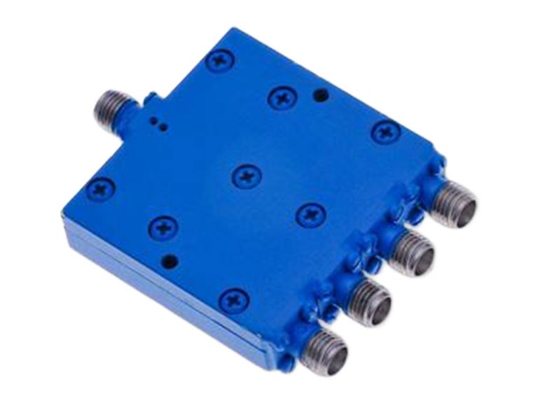 Square, blue RF splitter with 4 ways (or 4 ports) in