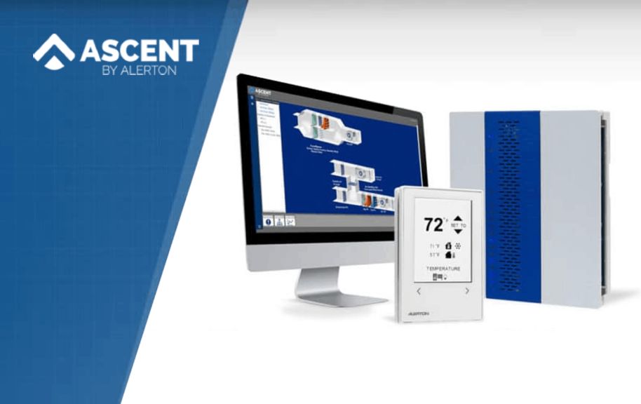 Three Ascent products on a white background next to blue field with Ascent logo