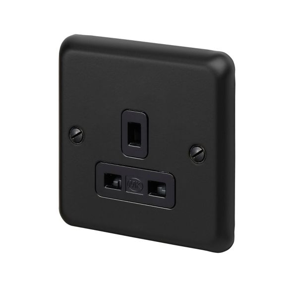 RP732MBK, 1G Unswitched Socket, Matt Black, Left