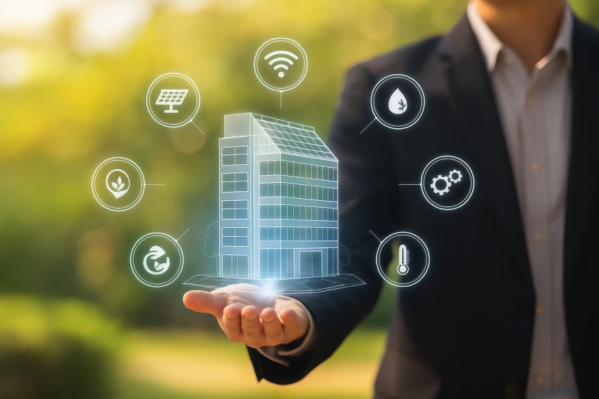 A man holding a holgram of a building