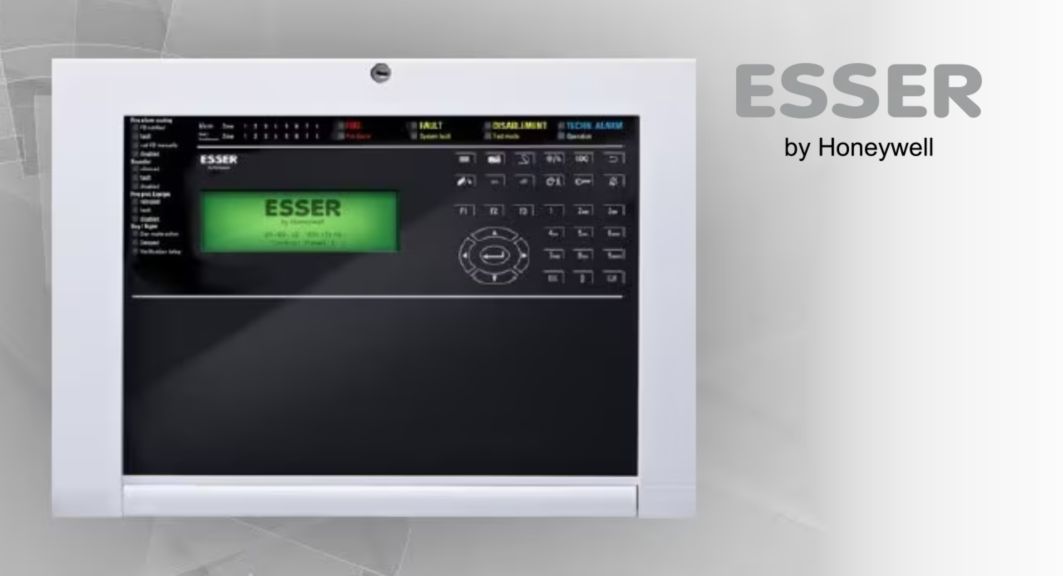 An ESSER Branded fire panel on a grey backdrop with the esser logo