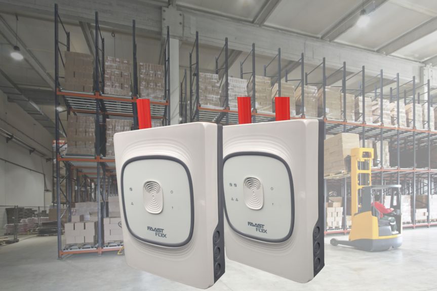 FAAST FLEX intake units superimposed on image of a warehouse