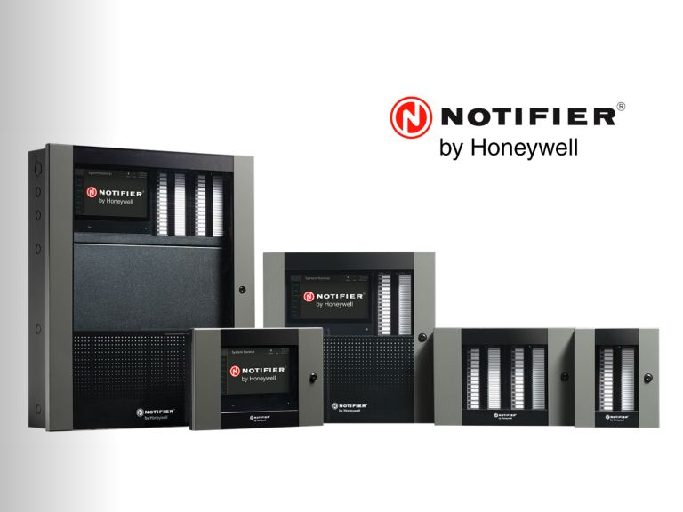 A range of Notifier Inspire fire panels on a grey backdrop