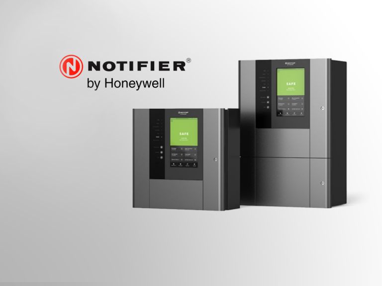 A pair of Notifier UK-inspire panels on a grey backdrop with a notifier logo