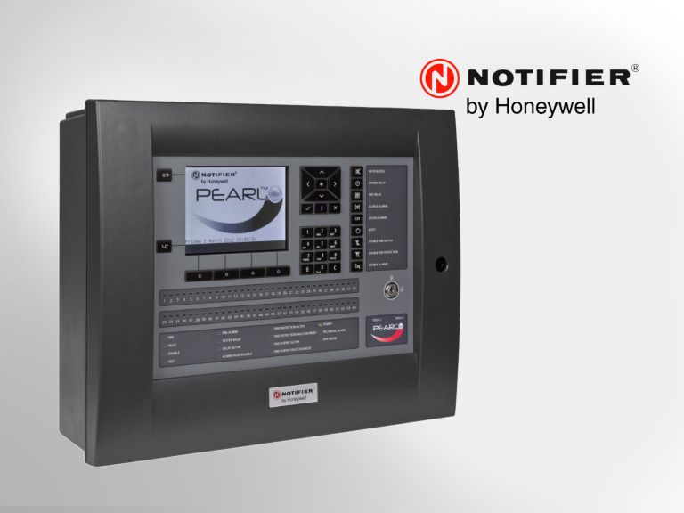 A Notifier pearl panel on a grey background with a notifier logo