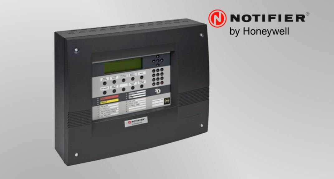 the Notifierid 3000 fire panel one a grey background with Notifier logo