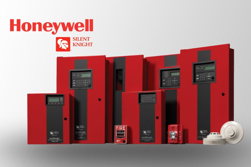 A large collection of Silent Knight fire panels with the Honeywell Silent Knight logo