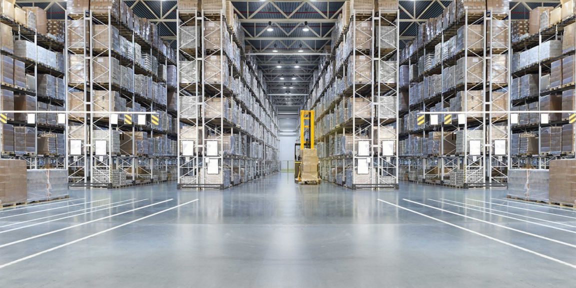 Huge distribution warehouse with high shelves