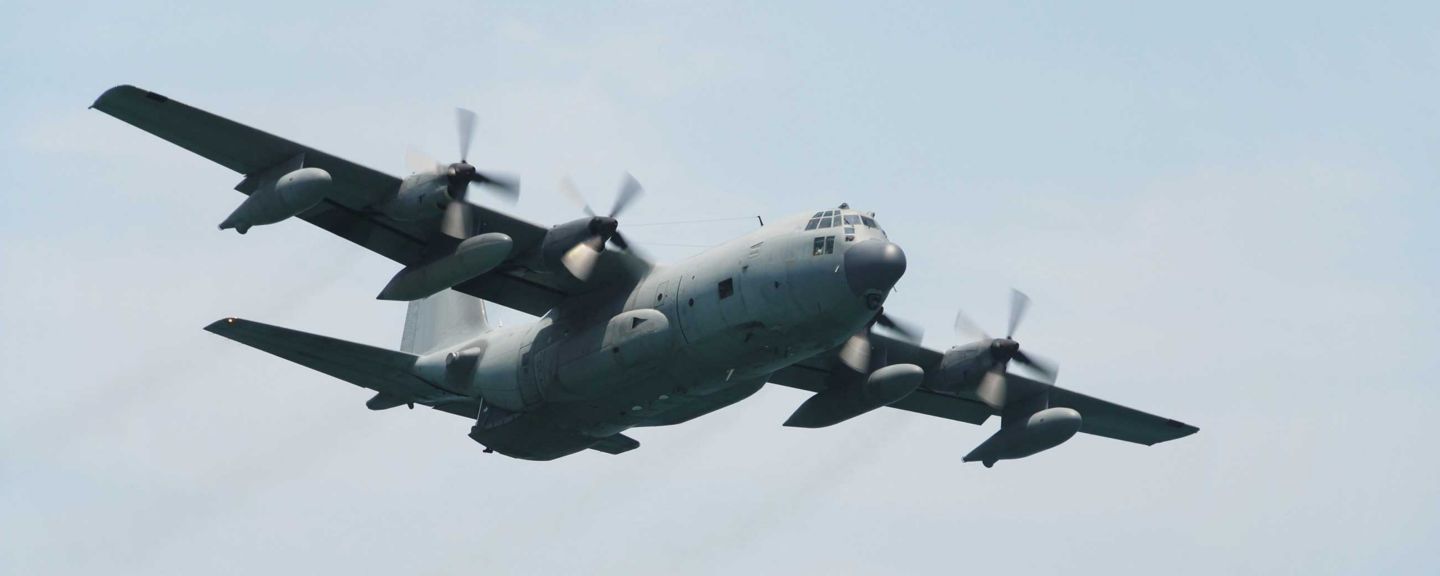 C-130 Aircraft in flight with Honeywell JetWave MCX SATCOM