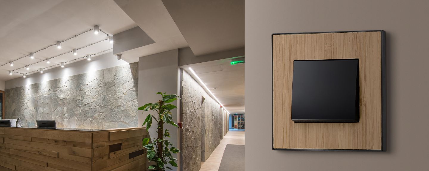 Reception desk and view on hallway in modern hotel