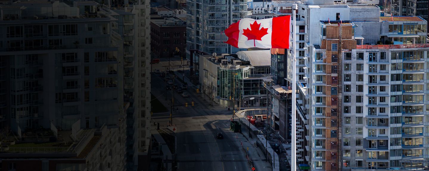 City with Canadian flag