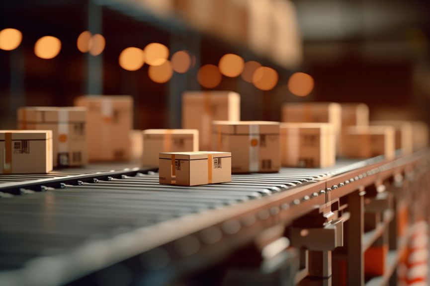 Closeup of multiple cardboard box packages seamlessly moving along a conveyor belt in a warehouse fulfillment center, a snapshot of e-commerce, delivery, automation and products.
