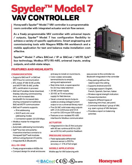 Spyder Model 7 VAV Controllers | Honeywell Building Technologies