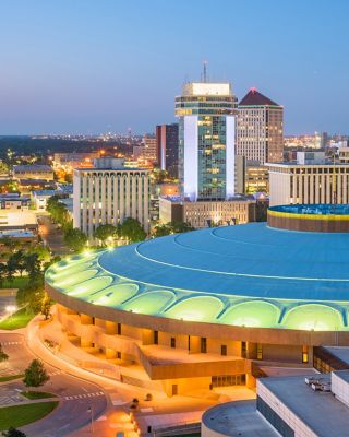 Wichita, Kansas, USA downtown skyline at dusk.