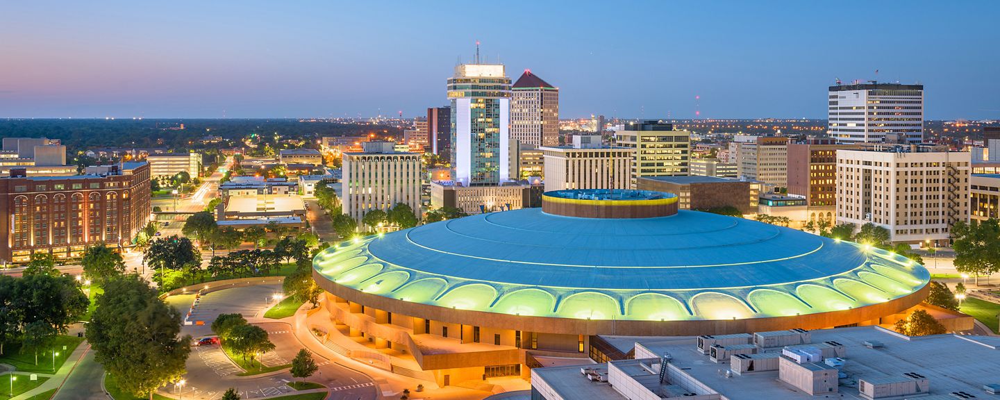 Wichita, Kansas, USA downtown skyline at dusk.