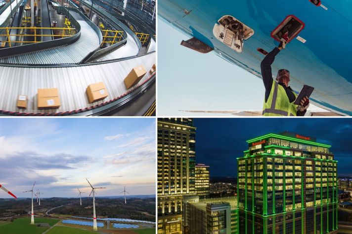 Four images in a grid style representing industrial automation, aviation and energy transition, along with the Honeywell headquarters in Charlotte