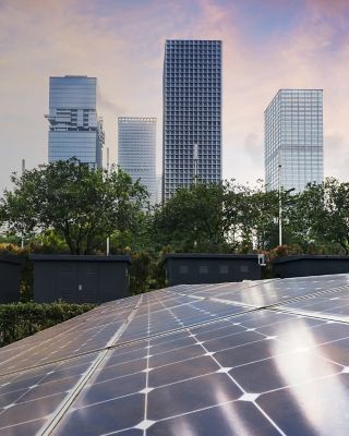 Solar Power Plant in modern city,Sustainable Renewable Energy.