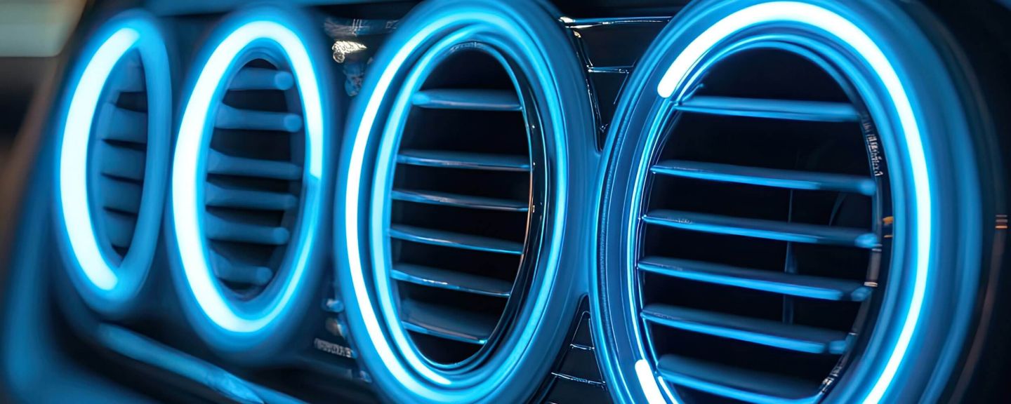 Close-up of illuminated blue automotive air vents symbolizing advanced cooling or air-conditioning technology.