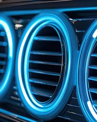 Close-up of illuminated blue automotive air vents symbolizing advanced cooling or air-conditioning technology.