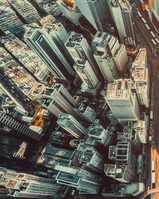 Aerial view of Hong Kong Downtown. Financial district and business centers in smart city in Asia