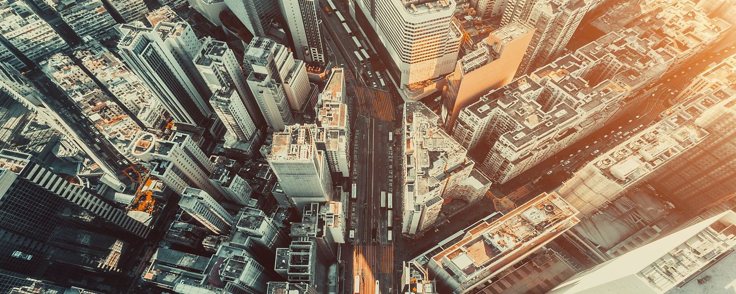 Aerial view of Hong Kong Downtown. Financial district and business centers in smart city in Asia