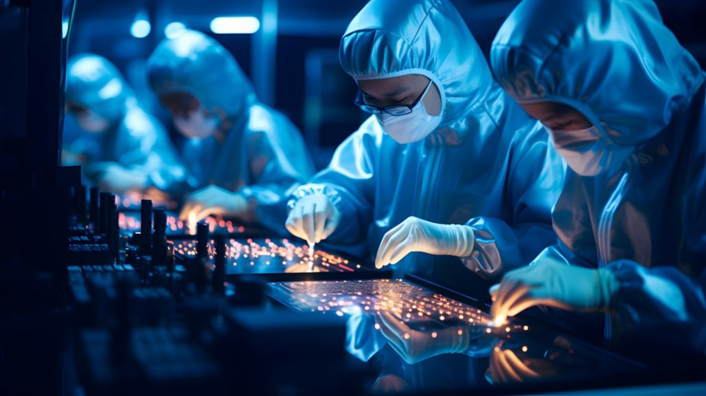 Workers in a Chinese semiconductor factory, as they meticulously assemble and quality check technological parts, driving the progress of the electronics industry. Generative AI