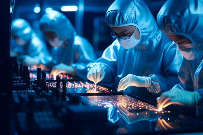 Workers in a Chinese semiconductor factory, as they meticulously assemble and quality check technological parts, driving the progress of the electronics industry. Generative AI