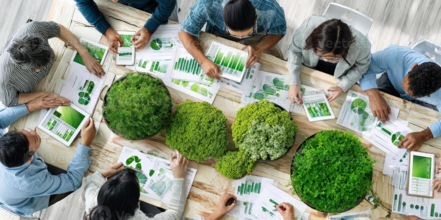 Group of engineers collaborating around sustainable design blueprints