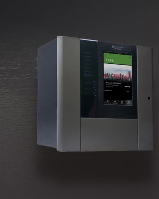 Modern concrete school hallway interior with copy space on wall, stairs and window with sky view and daylight. Mock up, 3D Rendering 