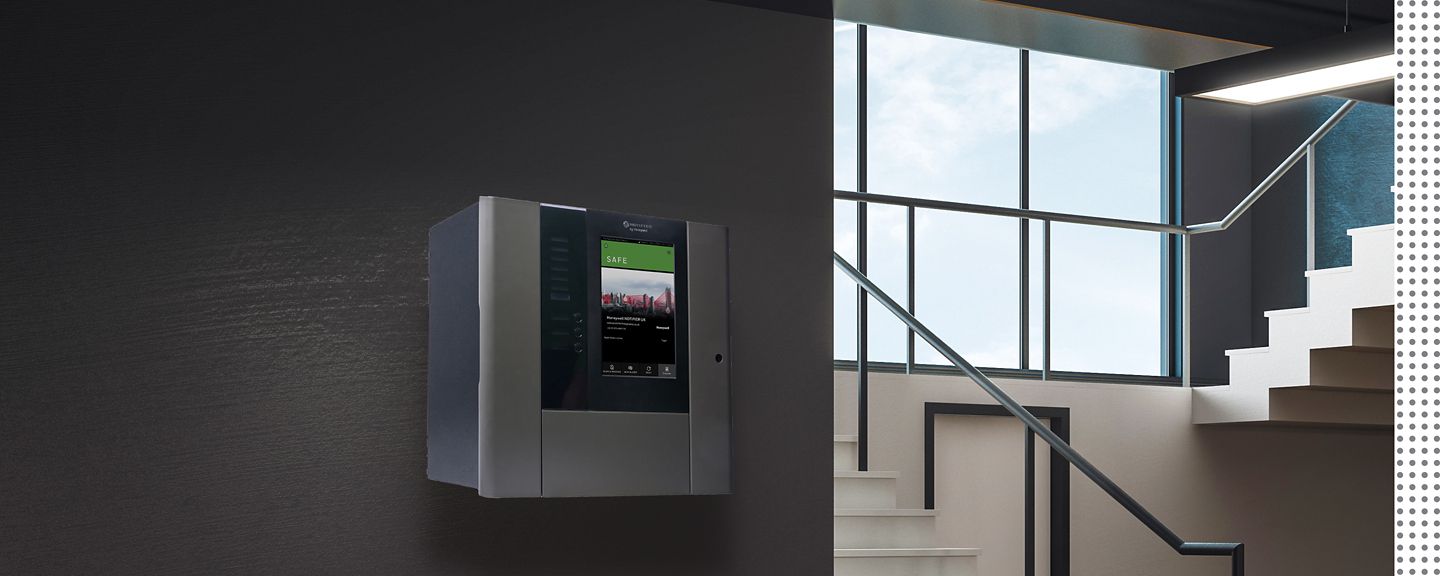 Modern concrete school hallway interior with copy space on wall, stairs and window with sky view and daylight. Mock up, 3D Rendering 