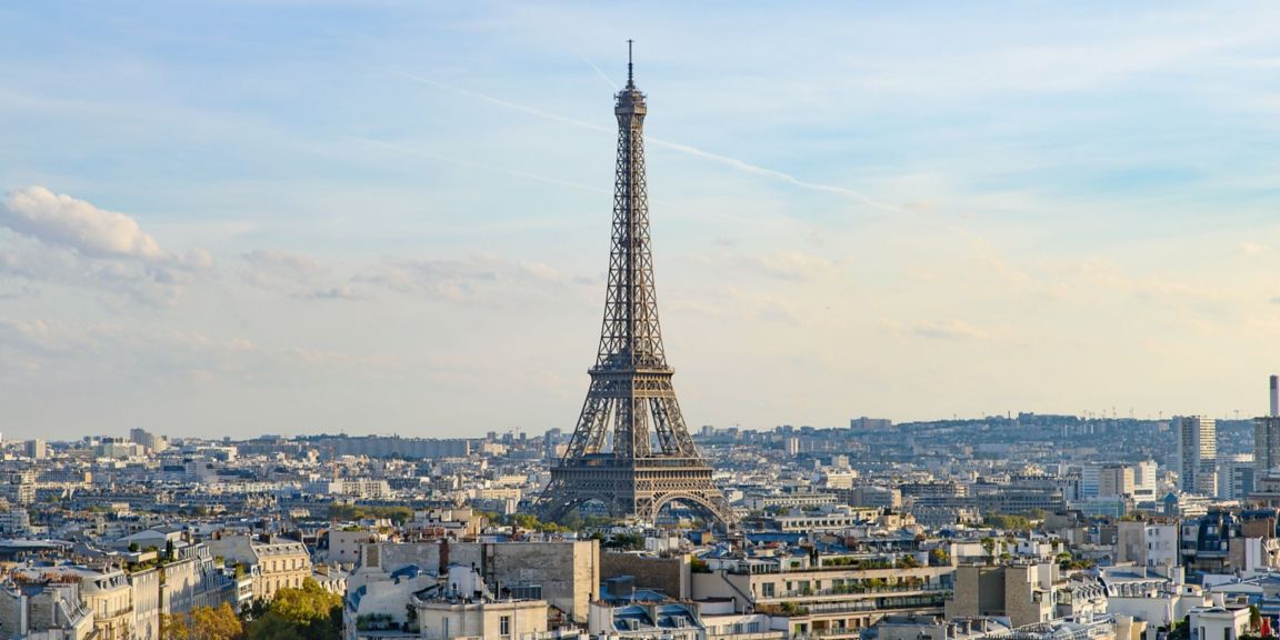 An aerial view of the Eiffel Tower in Paris.