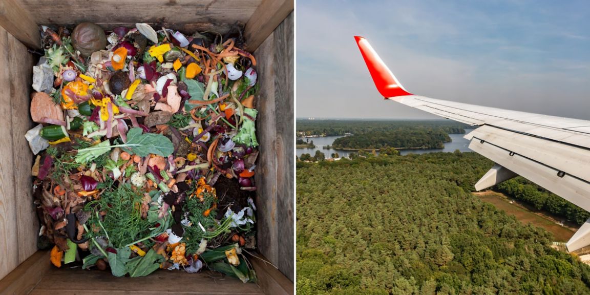 A side-by-side photo of an aerial view of a bin of vegetable and fruit waste (left) and the view from an airplane, showing the airplane wing and a landscape of trees below.