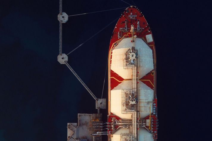 Aerial view of liquefied natural gas (LNG) ship.