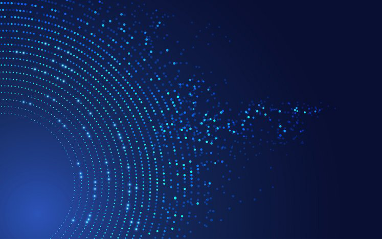 Blue dots form a curved digital wave across a dark blue background.