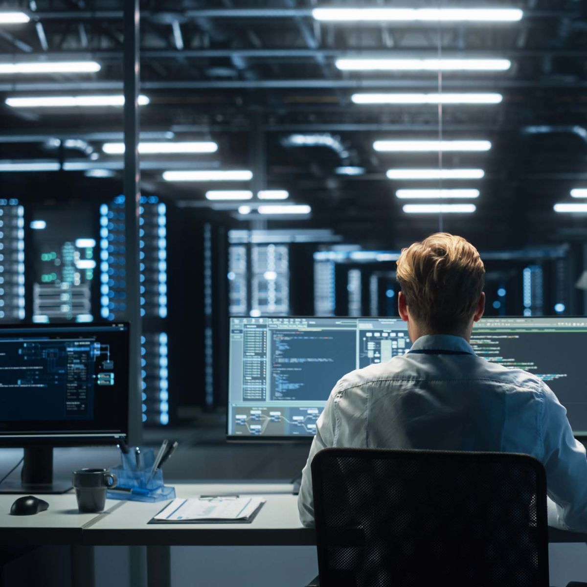 In the System Control Room Technical Operator Sits and Monitors Various Activities Showing on Multiple Displays with Graphics. Responsibility for Information Security in the Company Concept