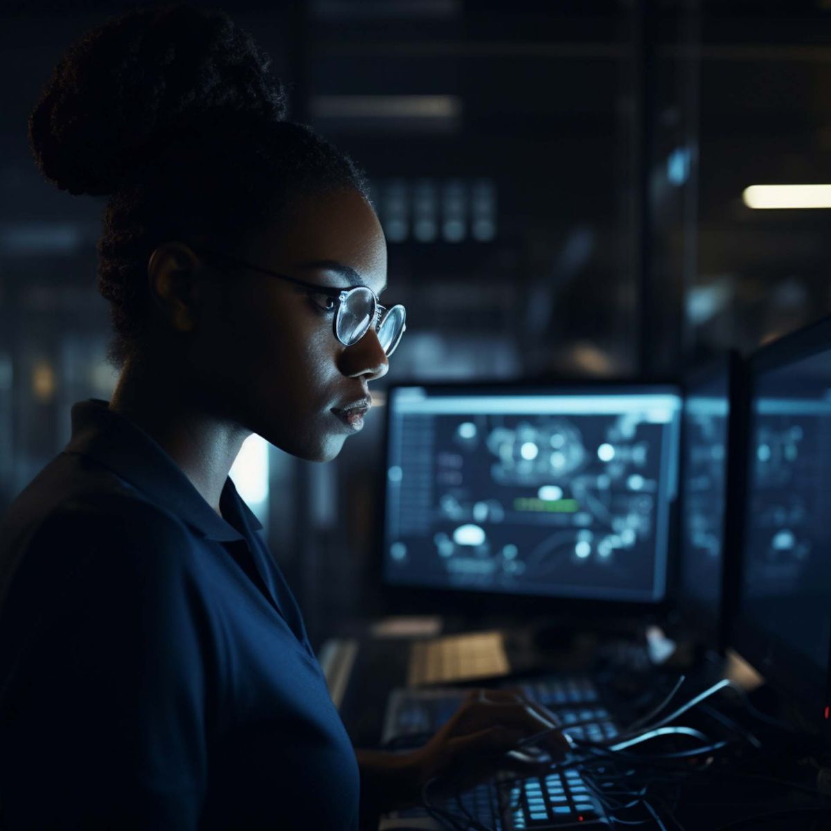 Side view on black woman IT developer working with computer in dark office, created with Generative AI Technology