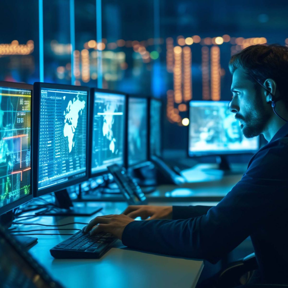 Security operations professional using advanced monitoring tools to identify and respond to cyber threats in real time.