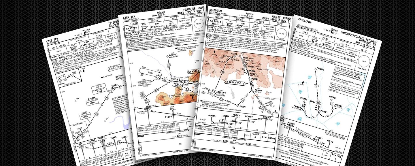 Collection of four detailed aviation approach plates showing flight paths, altitudes, and navigation data.
