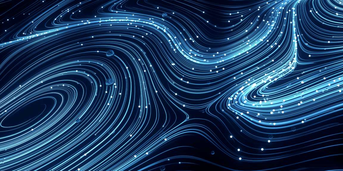 Blue lines and swirls on a black background, representing connectivity through abstract design.