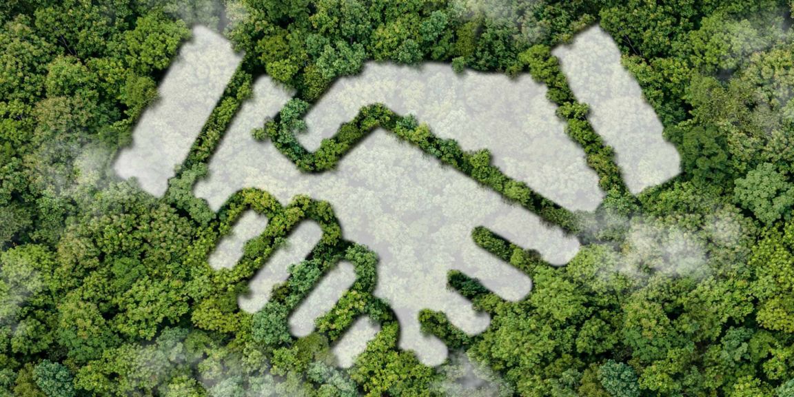 Green forest with blank space creates the figure of a business handshake agreement to invest in the environment