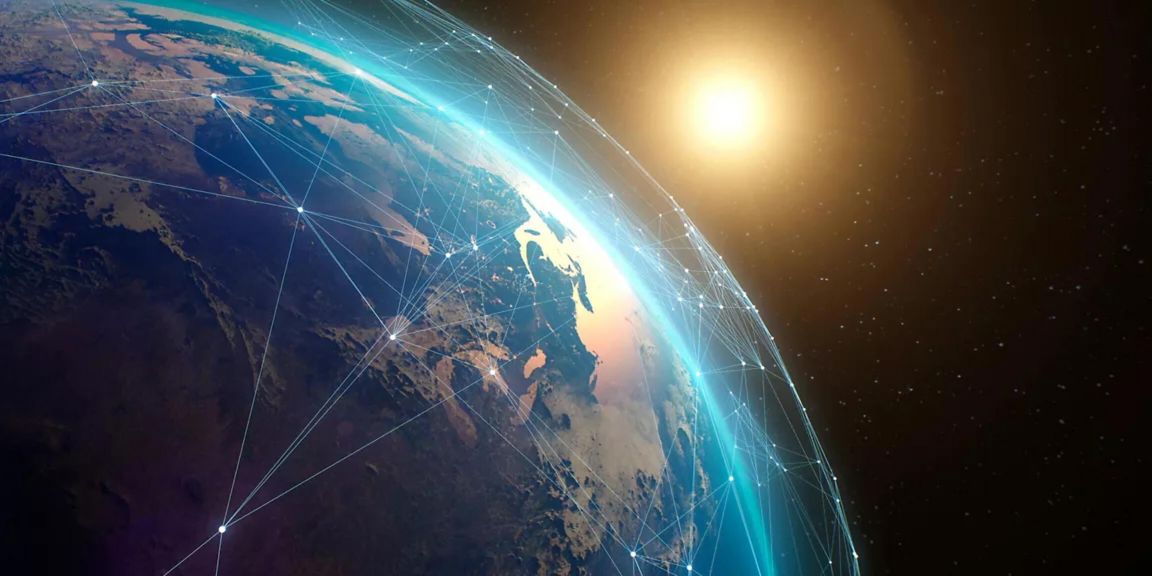 A satellite image of Earth from space, featuring a visual representation of a network connection across the planet.
