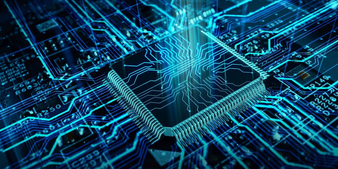 A close-up view of a glowing microchip embedded in a complex blue circuit board, showcasing intricate electronic pathways.