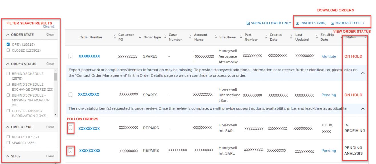 Honeywell Order Management | Order Management Dashboard Filter Results