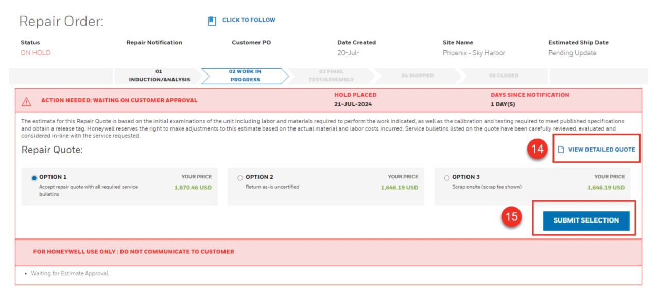 Honeywell Order Management | Repair Order On Hold Quote