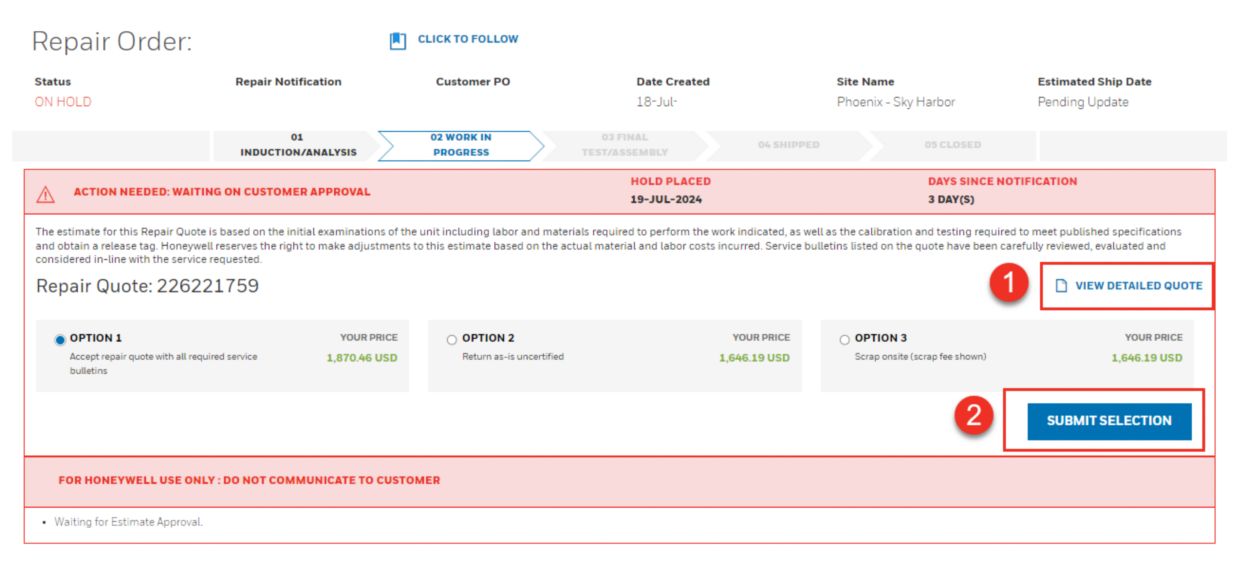 Honeywell Order Management | Repair Order Quote