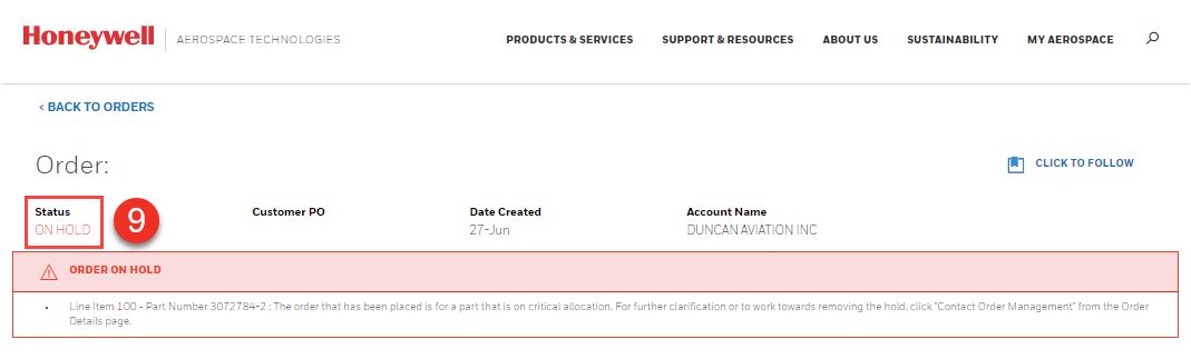 Honeywell Order Management | Spares Order On Hold