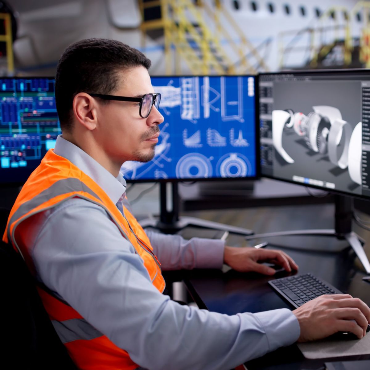 An engineer uses advanced software on multiple displays to analyze 3D aircraft components in a hangar setting.