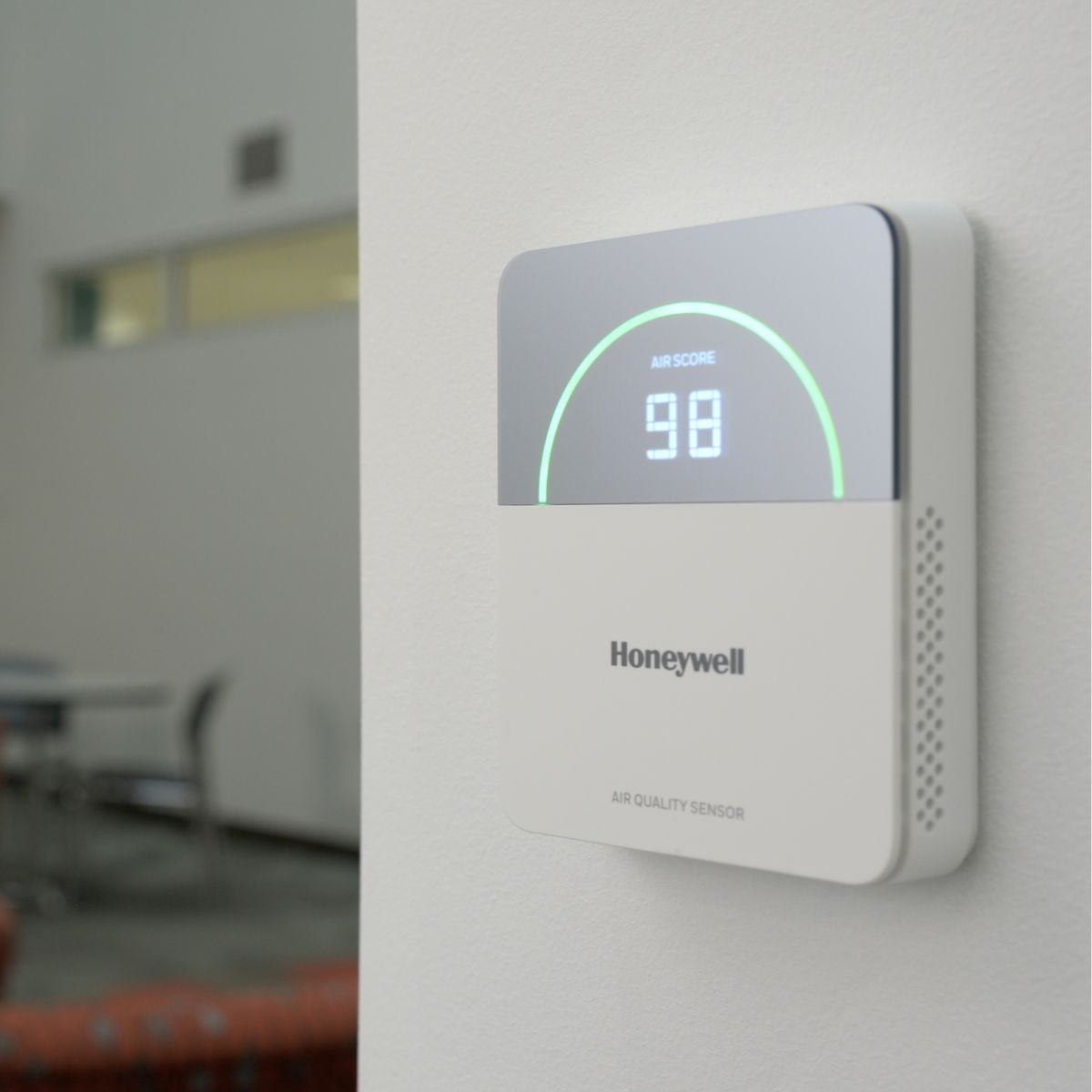 Monitor indoor air quality in real time with the Honeywell air quality sensor featuring air score display for healthier spaces.