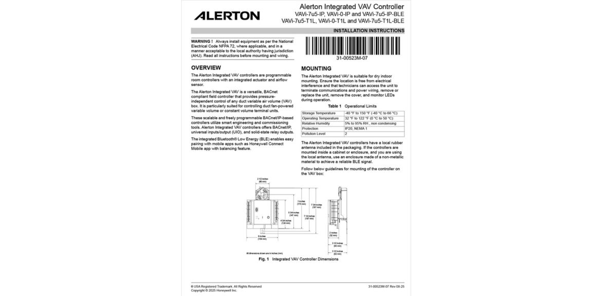 Alerton Integrated VAV Controller - Installation Instructions Image